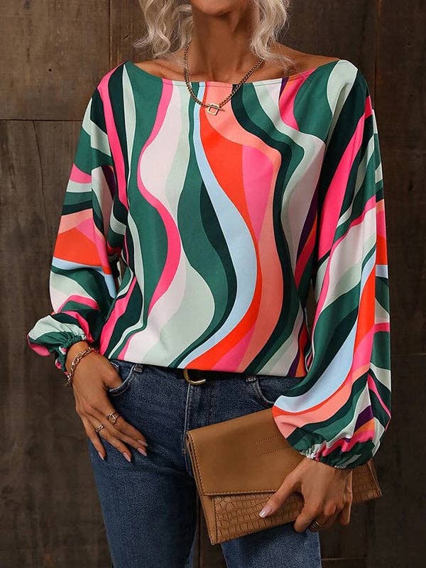 Asymmetric Printed Long Sleeves Loose One-Shoulder Blouses&S