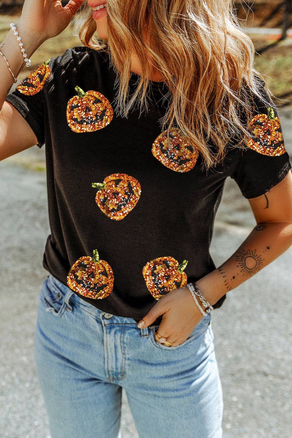Black Sequin Pumpkin T Shirt