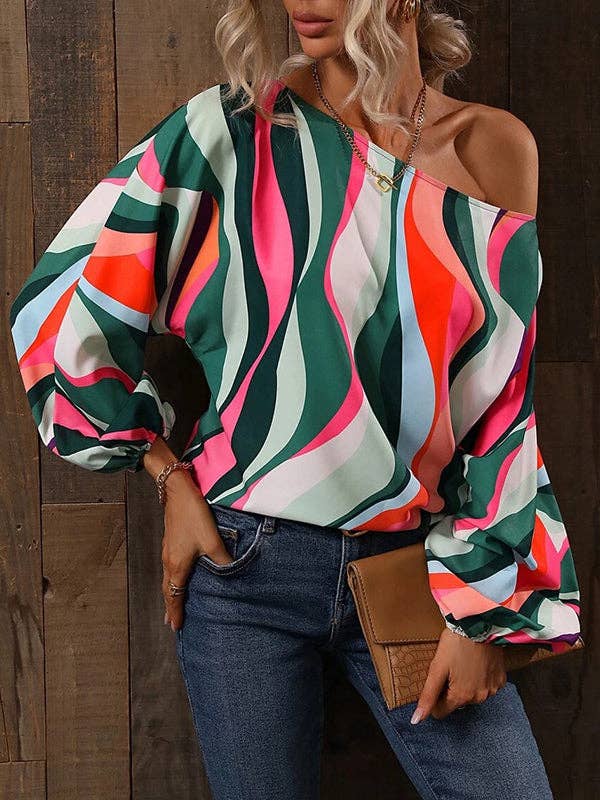 Asymmetric Printed Long Sleeves Loose One-Shoulder Blouses&S