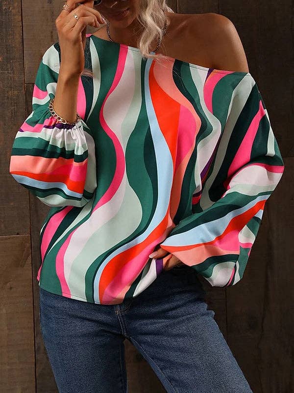 Asymmetric Printed Long Sleeves Loose One-Shoulder Blouses&S